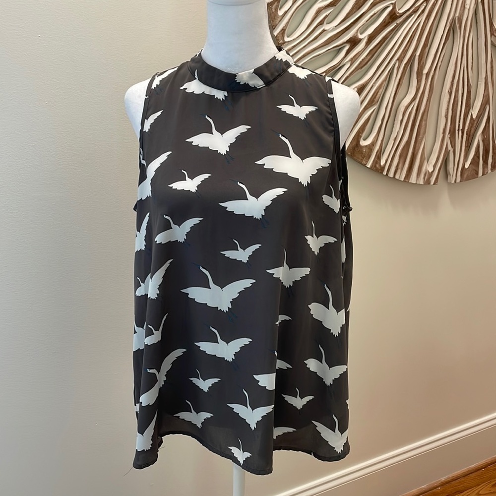 LOFT Black and White Sleeveless Bird Print Blouse